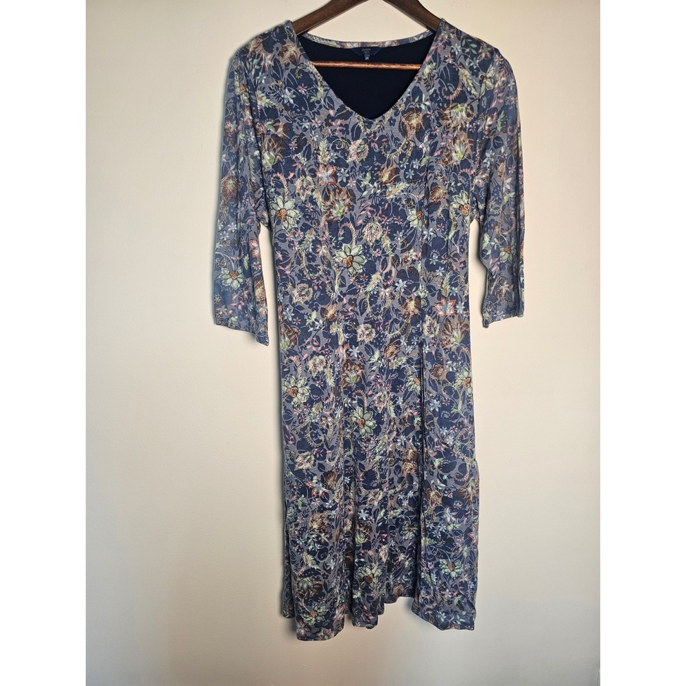 Boho Cotton Traders Floral Paisley Midi Dress Womens 16 Blue 3/4 Sleeve V-Neck